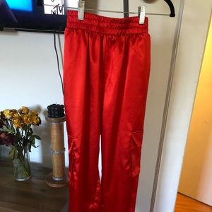 Red satin joggers